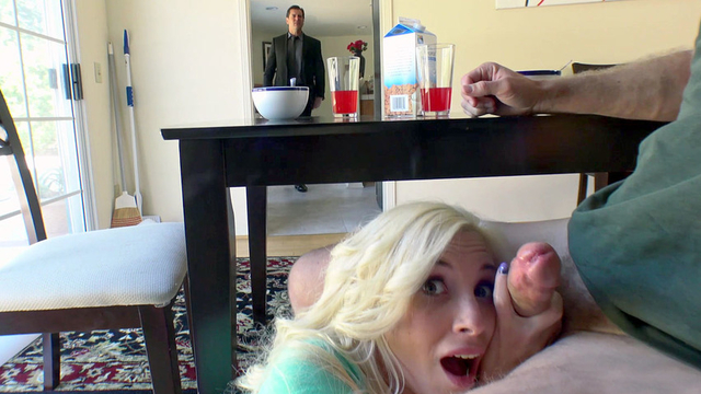 Guy enjoys free XXX sucking by girlfriend's blonde stepsister