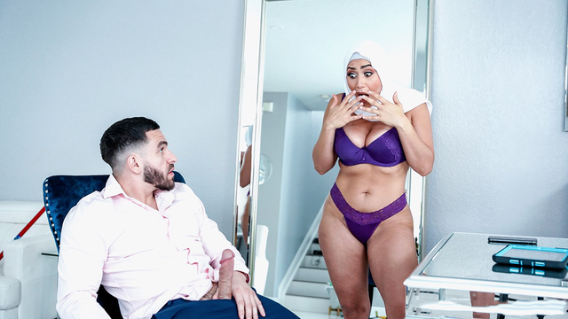 Nymphomaniac XXX mommy in hijab sucks and tit fucks stepson's cock before sex