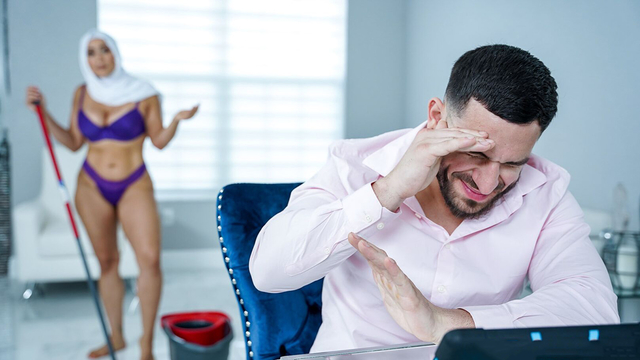 Nymphomaniac XXX mommy in hijab sucks and tit fucks stepson's cock before sex