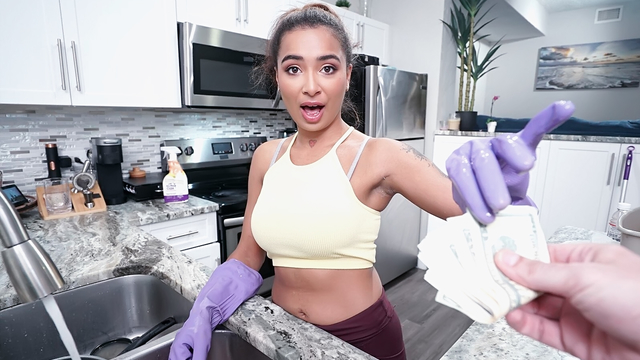 Lucky rich bastard pays a maid to wash his cock with her mouth