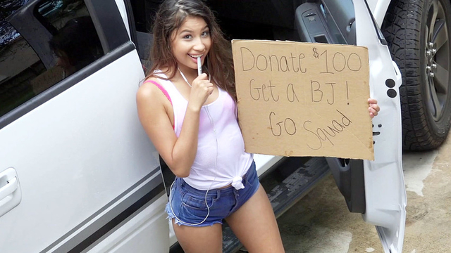 Pretty petite teen sucks huge dong by the roadside