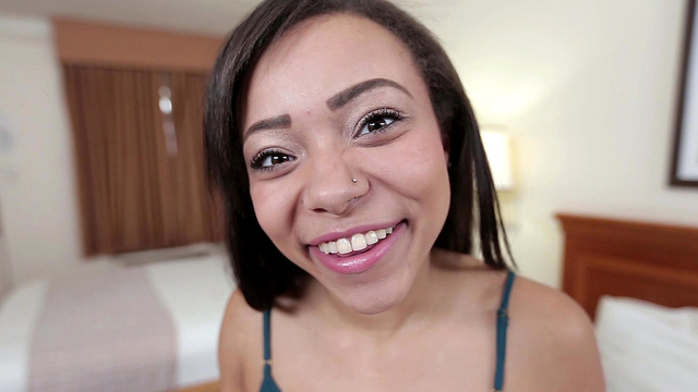 Very pretty girlfriend smiling on cam to tempt her horny boyfriend in a XXX sex vid