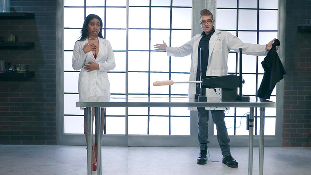 Curvy Ebony scientist Jenna J Foxx drilled with a new sex XXX machine