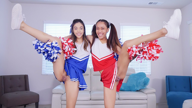 Adorable XXX cheerleader with small cans shares stepbrother with her bestie